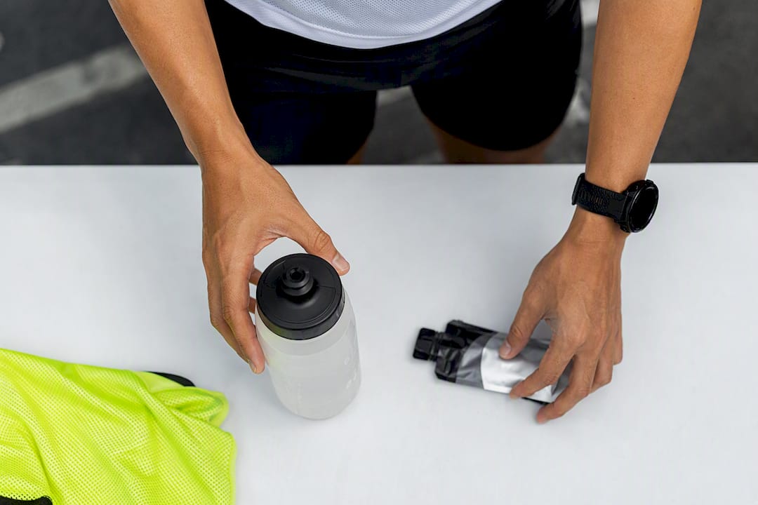 Bottle and gel arranged for race fueling