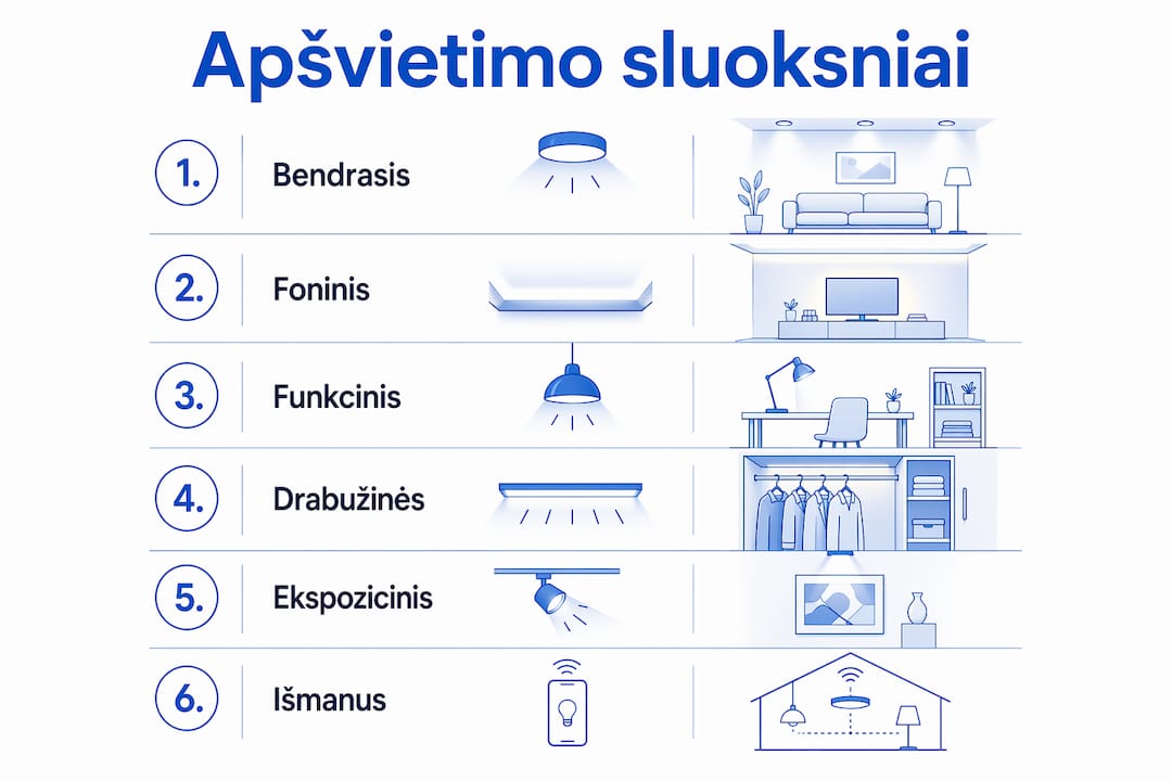 Miegamojo apšvietimo sluoksniai: dizainas ir funkcionalumas 4 Infografikas: kaip sluoksniuoti apšvietimą miegamajame