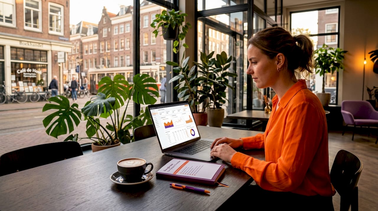 Een marketingspecialist stelt een Google Ads-campagne samen achter zijn laptop.