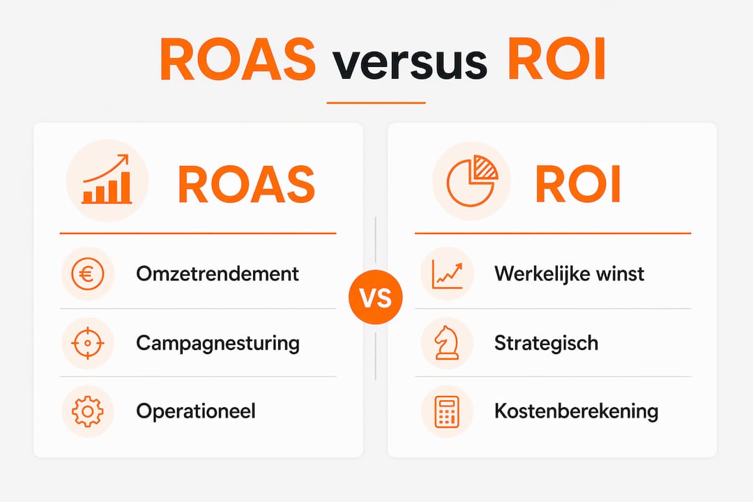 In deze infographic wordt het verschil tussen ROAS en ROI helder uitgelegd: waarom ze niet hetzelfde zijn en waarom dat belangrijk is voor je marketingstrategie.