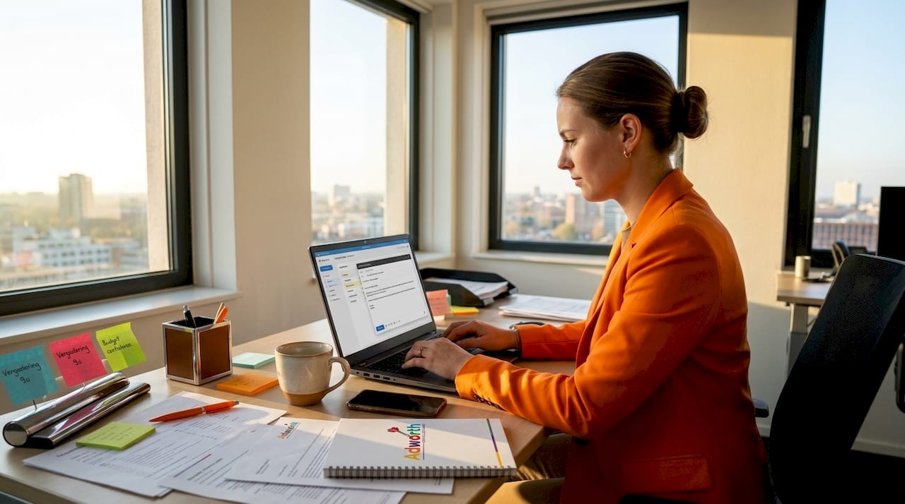 Een vrouw zit achter haar laptop om een vergadering voor te bereiden.