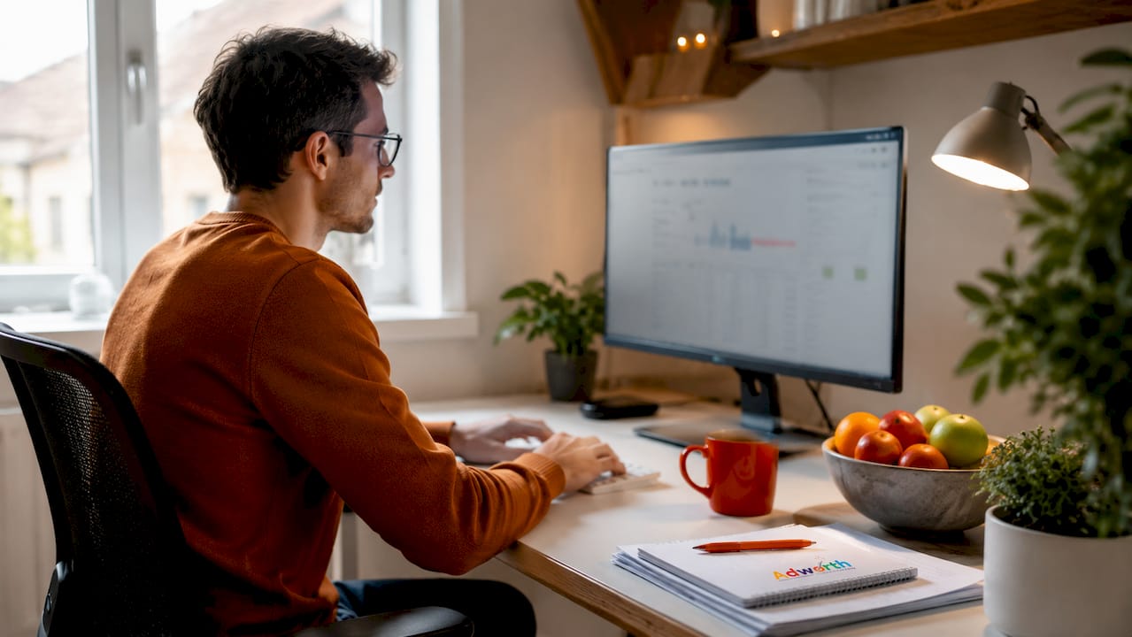 Een marketeer zit achter zijn bureau, omringd door beeldschermen vol Google Ads-campagnes.