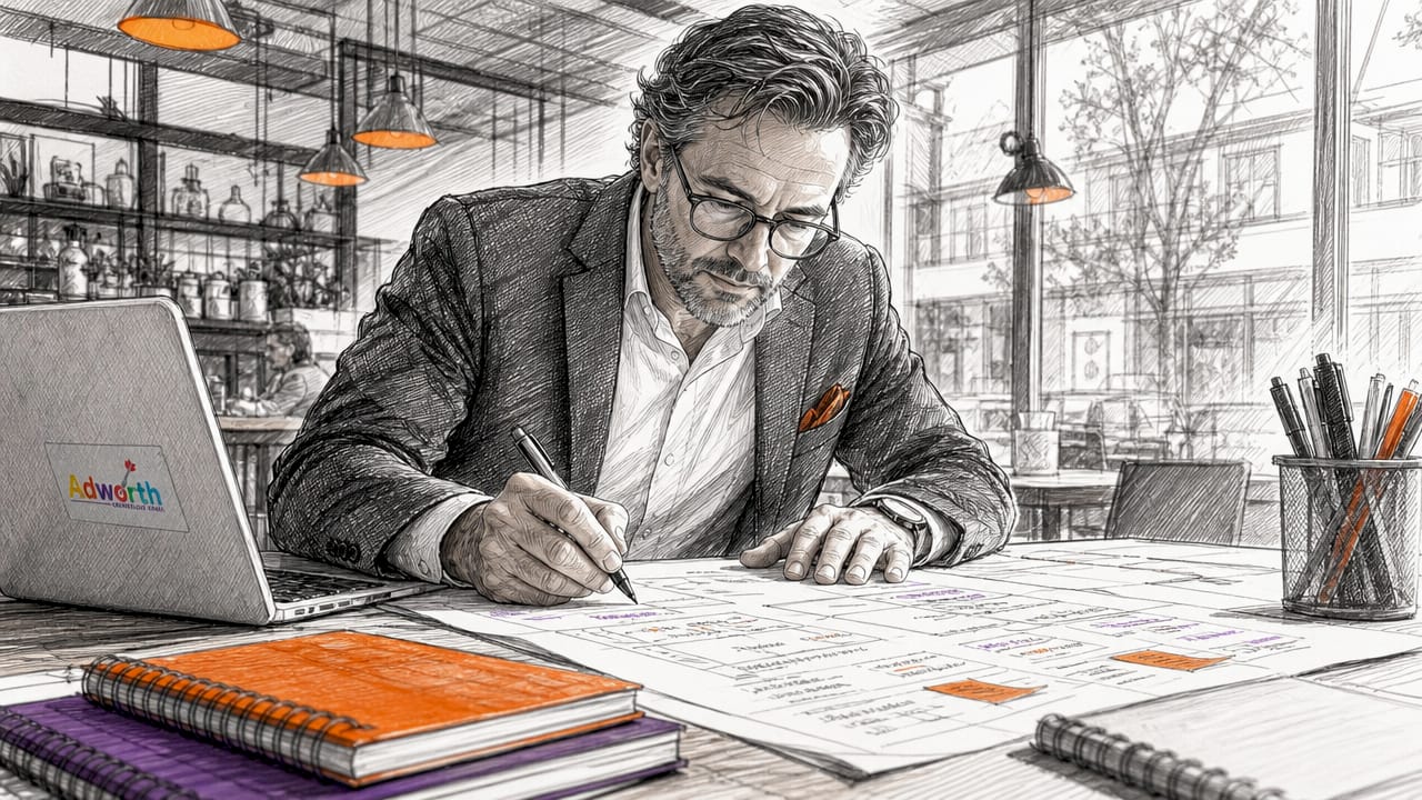 Op kantoor verdiept een man zich in de achtergrond van de doelgroep.