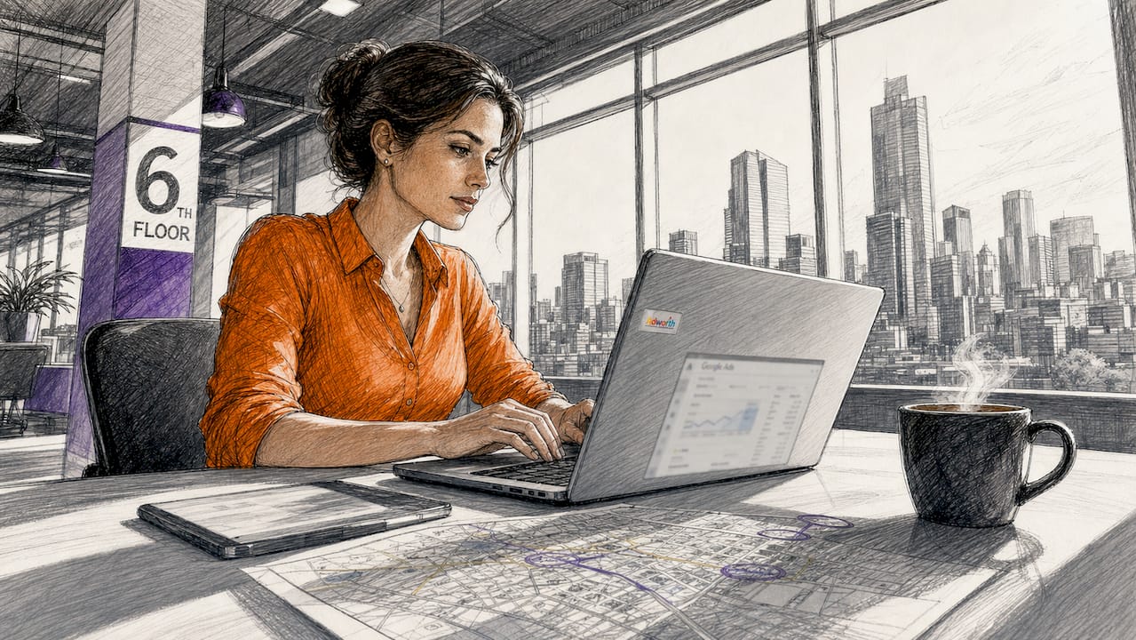 Een online marketeer bekijkt de locatie-instellingen van een campagne op zijn laptop.