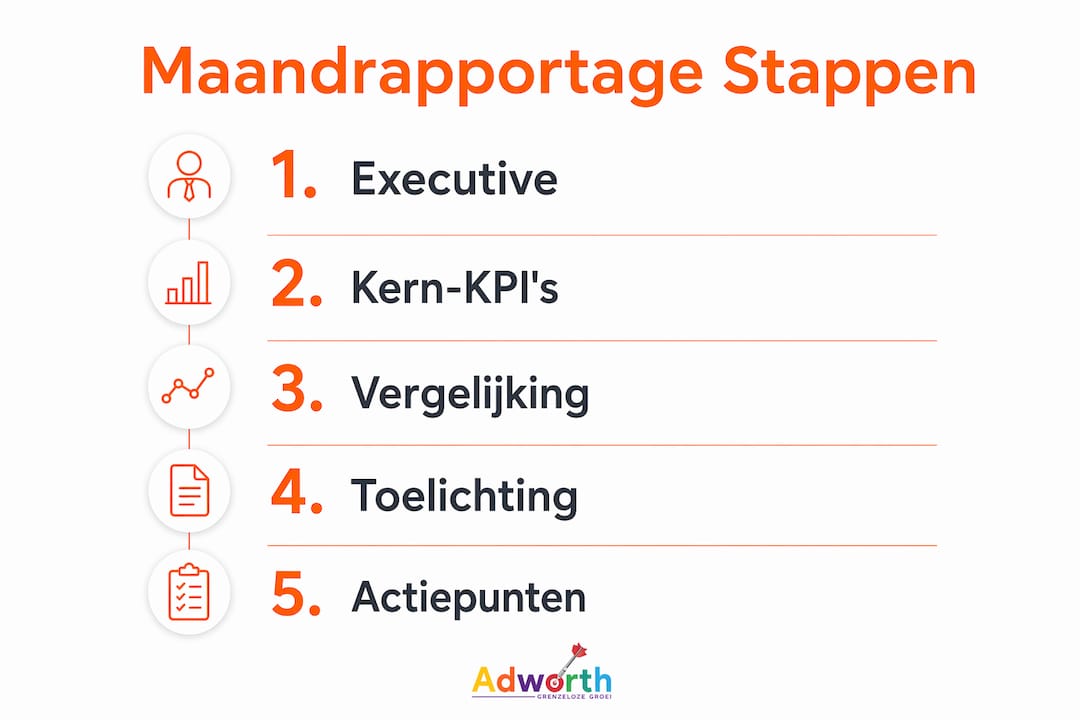 Infographic met de verschillende stappen voor het opstellen van een maandelijkse Google Ads-rapportage
