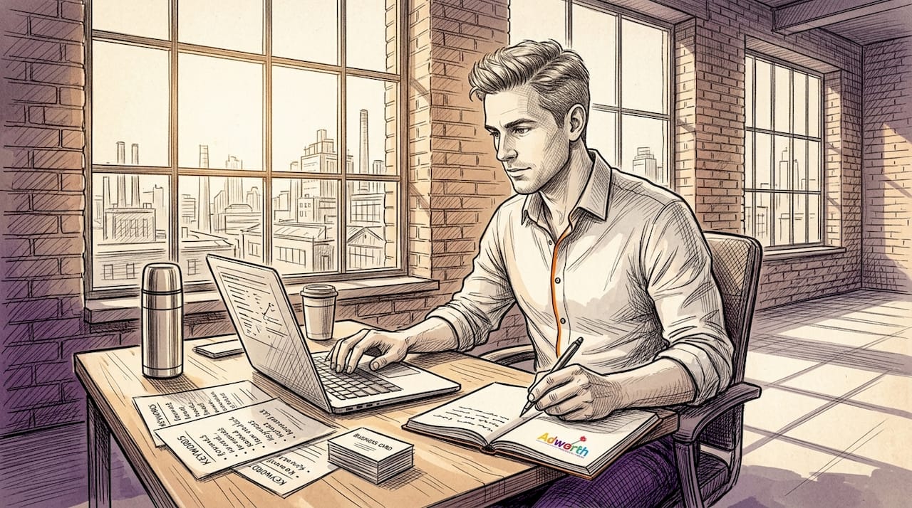 Man stelt zoekwoordenlijsten samen op zijn laptop