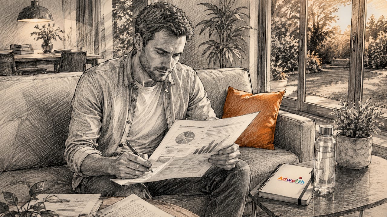 Een man zit aan zijn bureau en bekijkt het rapport over de prestaties van zijn advertenties.