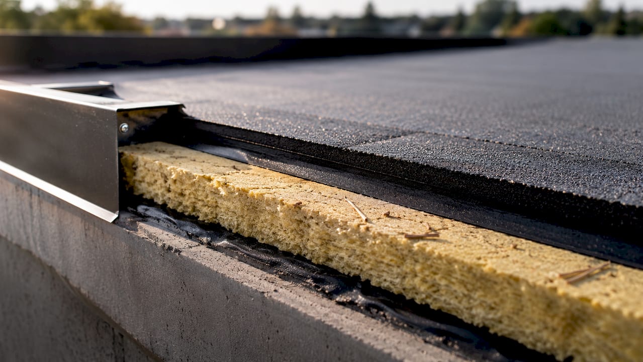 Detailopname van een dakopbouw met verschillende lagen
