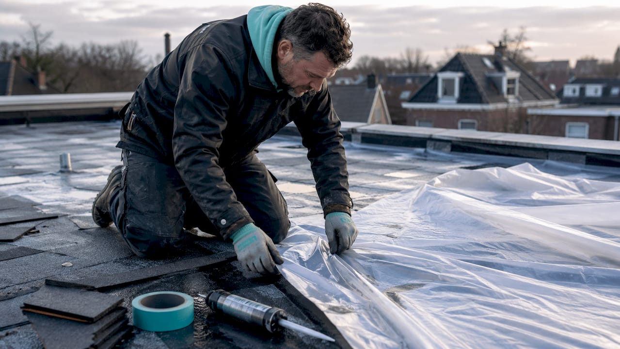 Een dakdekker brengt snel een noodafdichting aan op het dak.