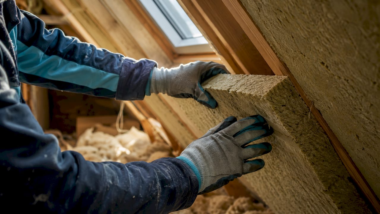 Een ervaren vakman plaatst isolatiemateriaal tussen de dakspanten om het huis beter te isoleren.