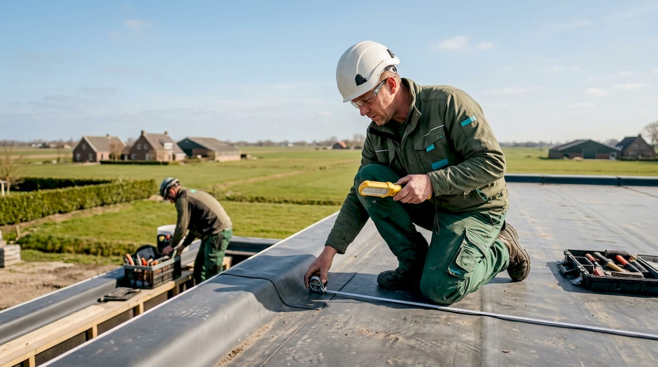 Een dakdekker controleert het pas aangelegde dak grondig.