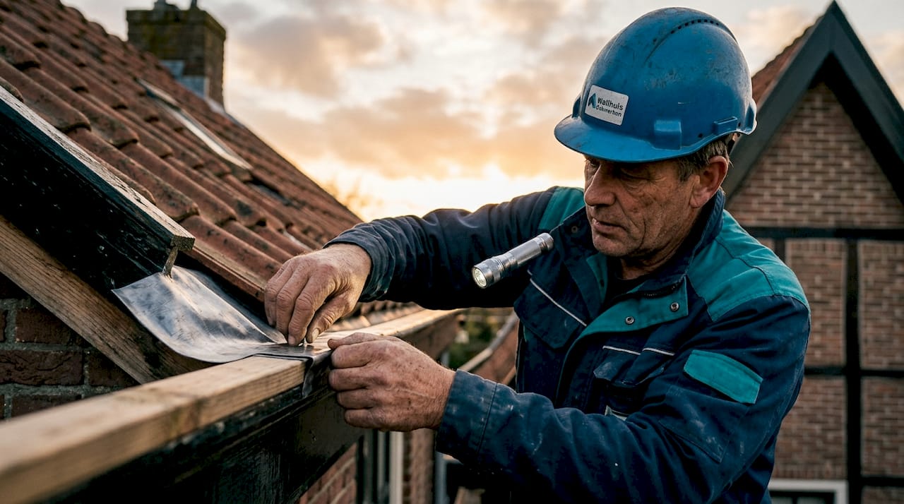 Van dichtbij bekijkt een dakdekker nauwkeurig het loodwerk.