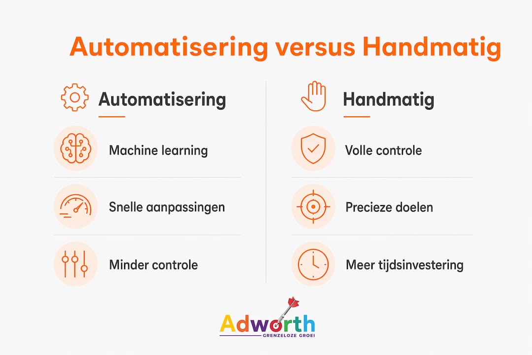 In deze infographic zie je de verschillen tussen geautomatiseerd en handmatig beheer van Google Ads helder naast elkaar.