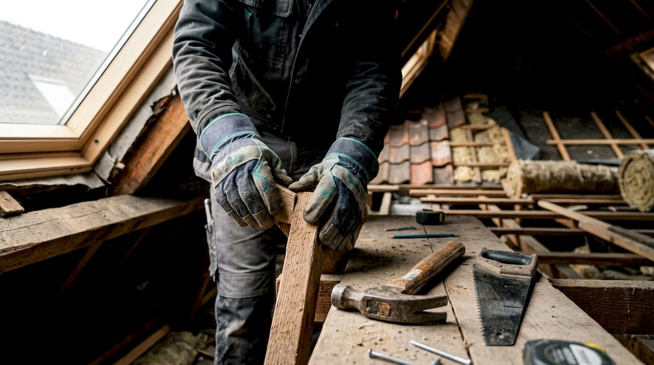 Een dakdekker inspecteert de houten draagconstructie van het dak terwijl hij handschoenen draagt.