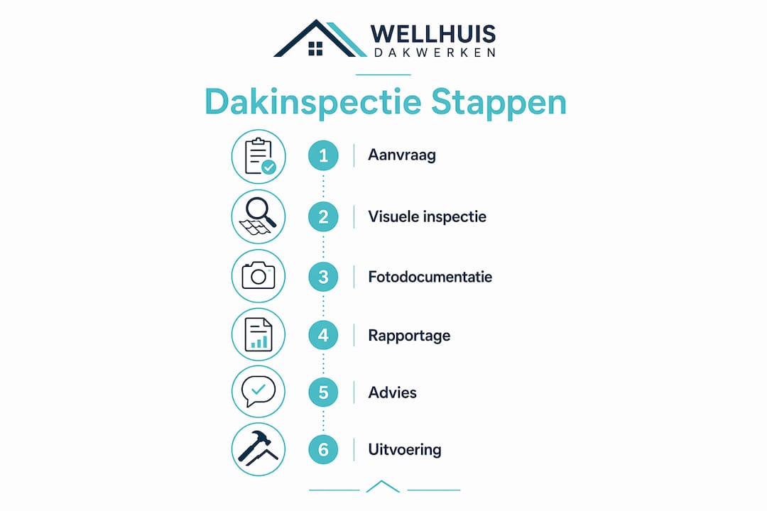 Overzichtelijke infographic met een duidelijk stappenplan voor het uitvoeren van een dakinspectie