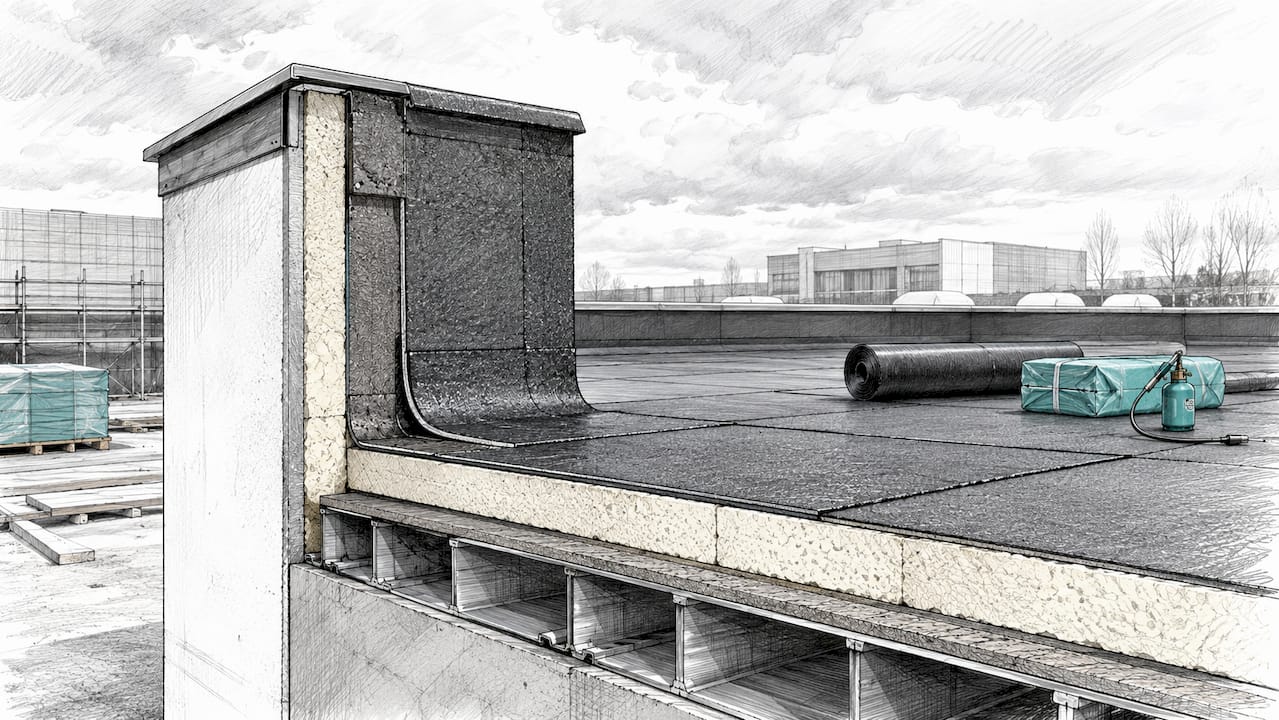 Architectonische tekening van een dakrand met isolatie