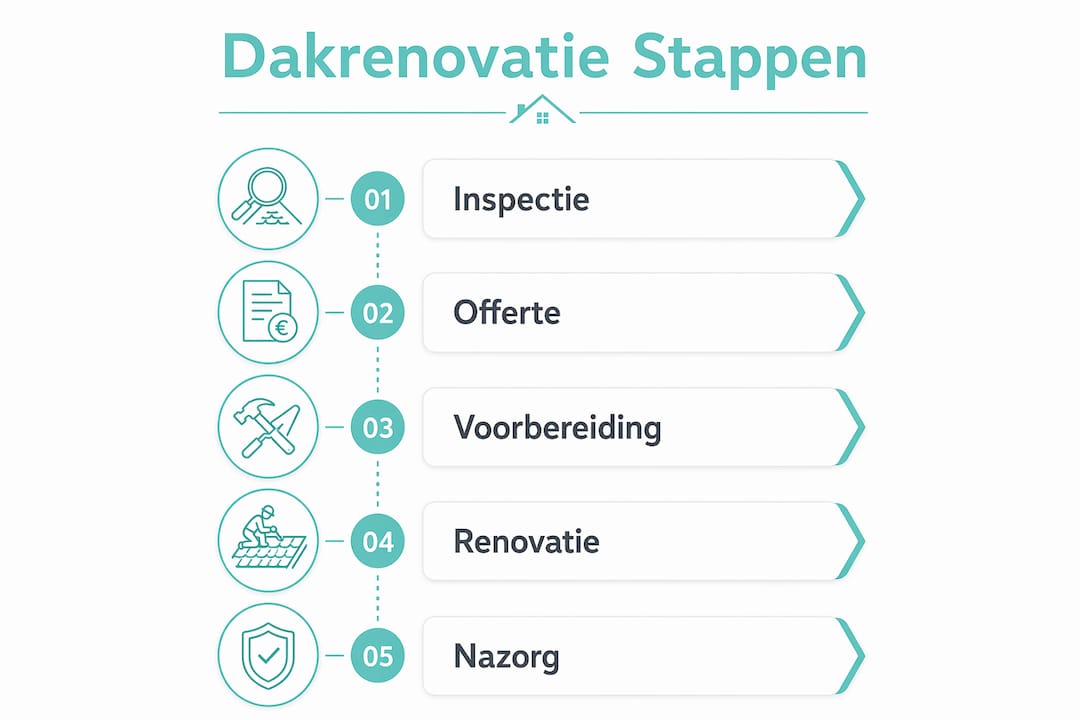 Overzichtelijke infographic met alle stappen van het dakrenovatieproces
