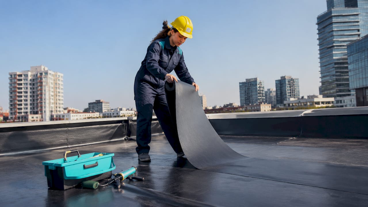 Een vrouwelijke dakdekker is bezig met het leggen van EPDM op een plat dak.