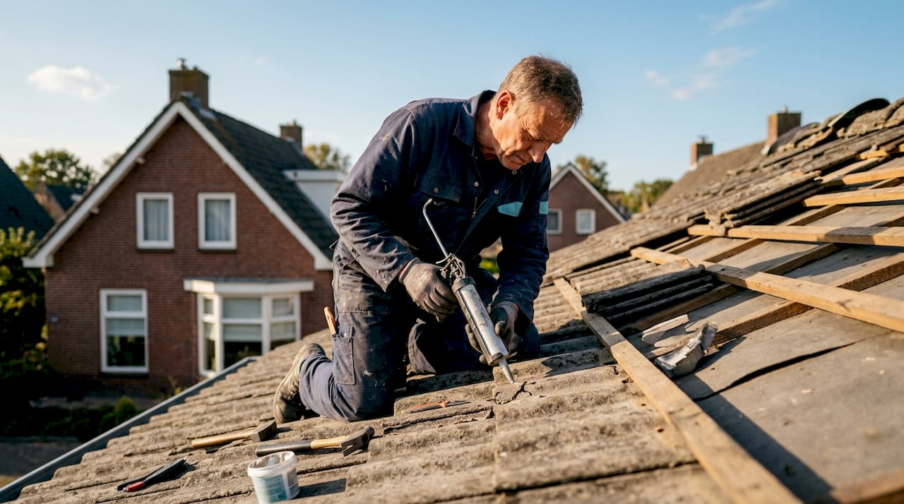 Een dakdekker herstelt scheuren in betonnen dakpannen.