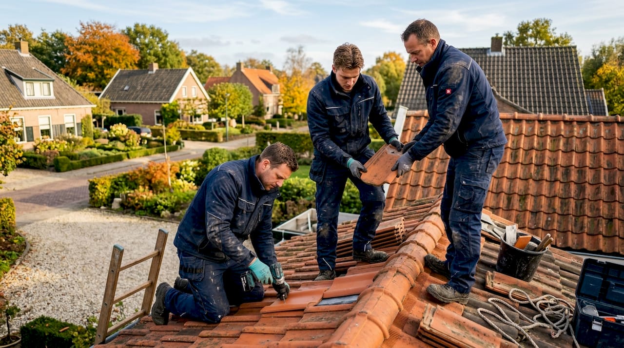 Een groep dakdekkers is samen aan de slag gegaan om onderhoud te plegen aan een schuin dak.