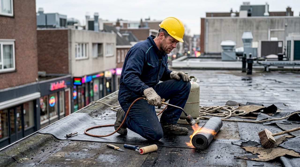 Een dakdekker brengt bitumen aan tijdens de renovatie van een plat dak.