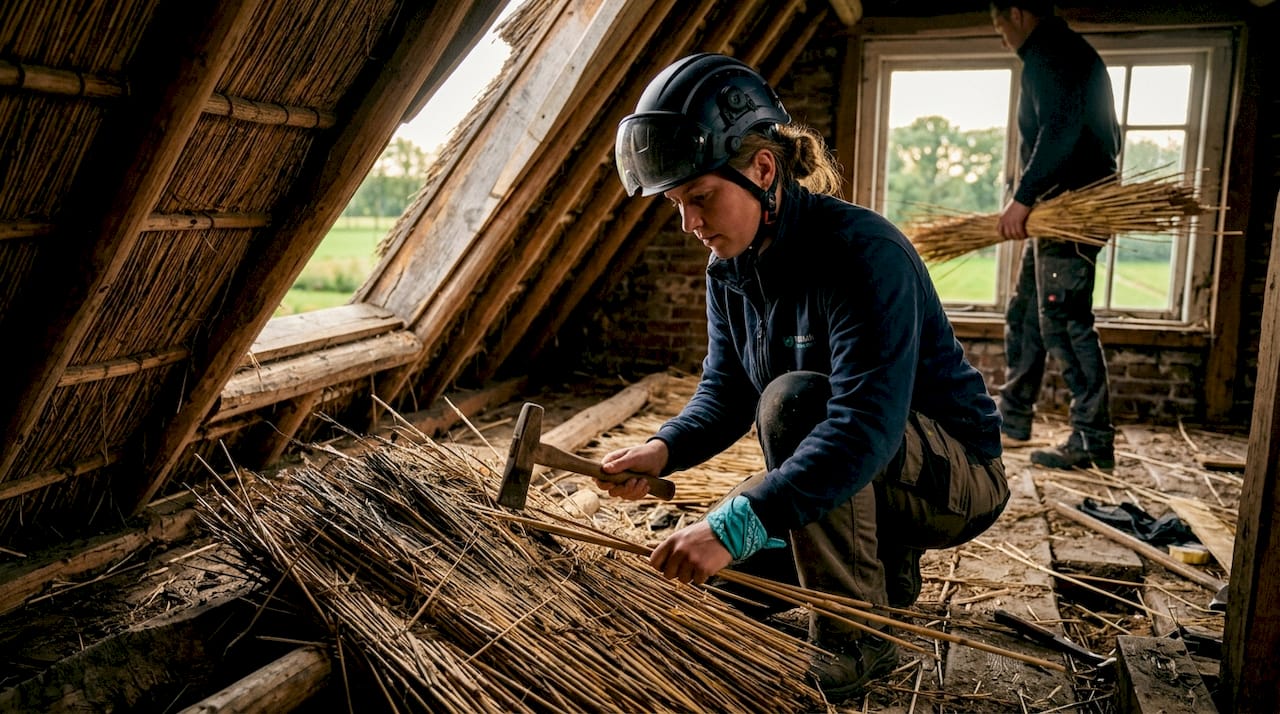 Een rietdekker herstelt het rieten dak van een boerderij.