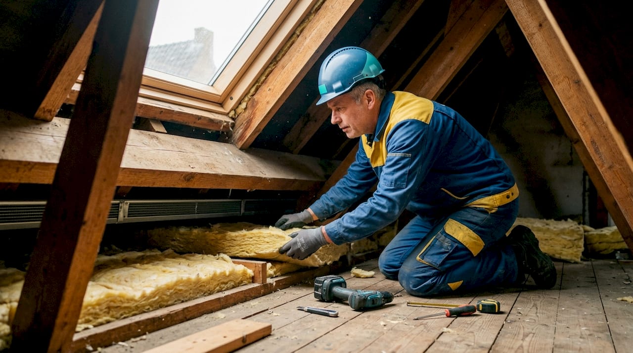 Dakdekker inspecteert de ventilatieruimte op zolder bij een koud dak