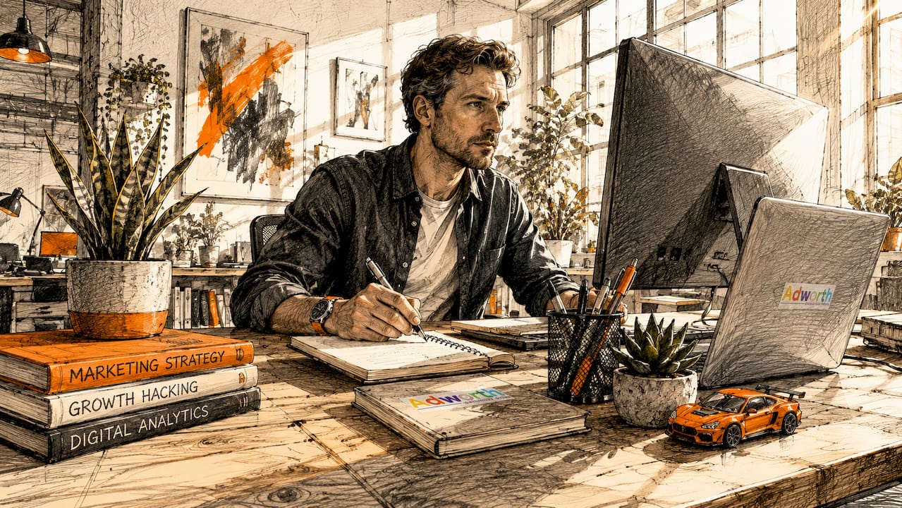 Een marketeer buigt zich aan het bureau over het zoektermenrapport en zoekt naar inzichten om campagnes te optimaliseren.