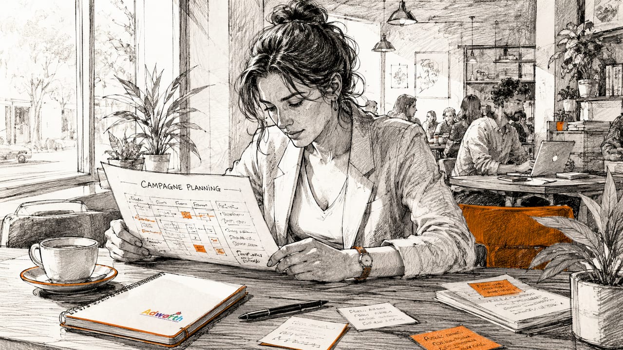 De marketeer loopt de planning en bijbehorende documenten van de campagne nog eens goed na.