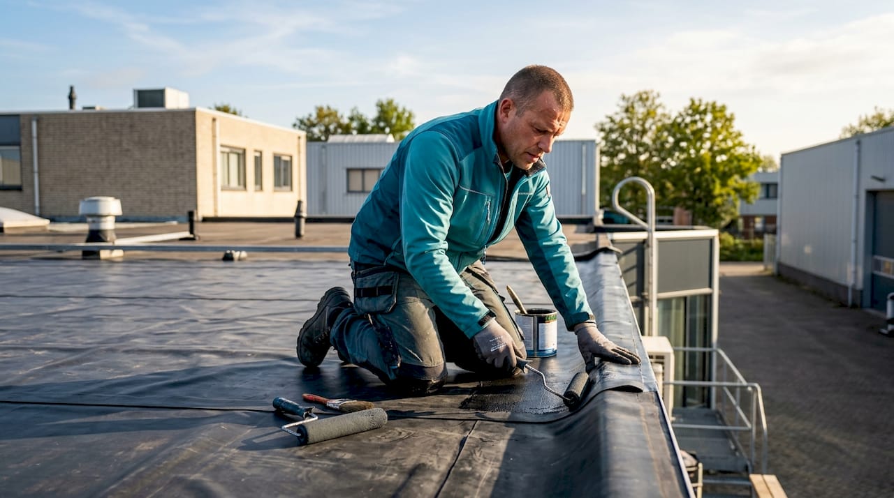 Een dakdekker legt EPDM-folie aan op een plat dak.