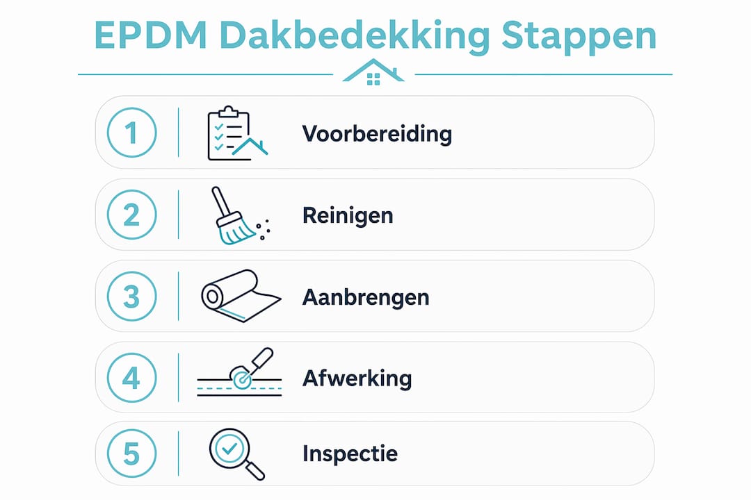 Overzichtelijke infographic met stap-voor-stap uitleg voor het aanbrengen van EPDM dakbedekking
