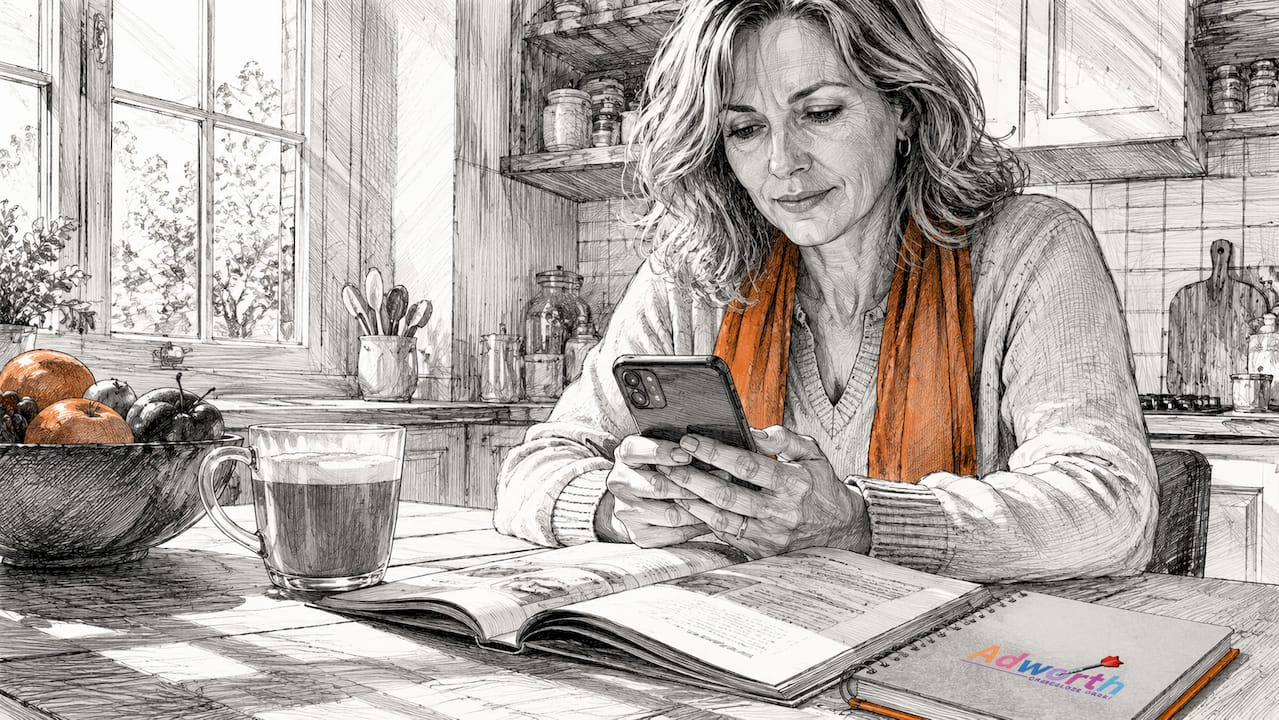 Thuis zit een vrouw op haar smartphone te surfen op een website.