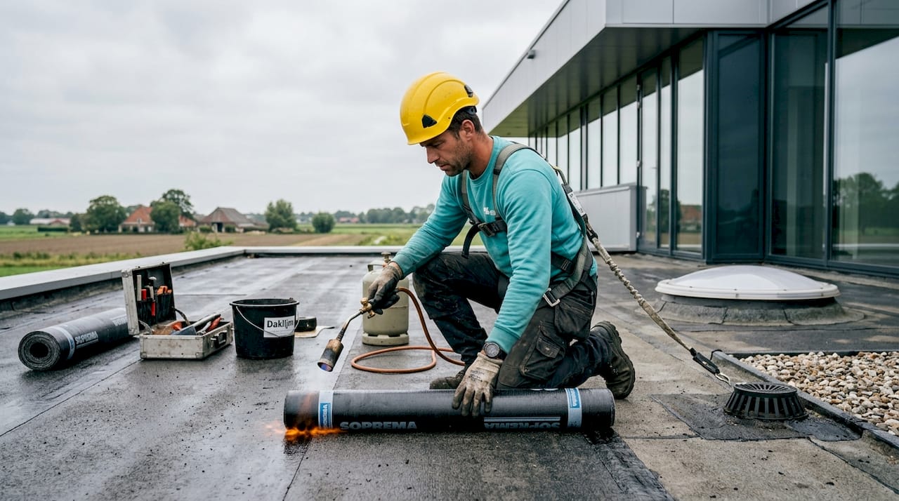 Een dakdekker brengt met een brander een bitumen dakbedekking aan op het platte dak van een bedrijfspand.