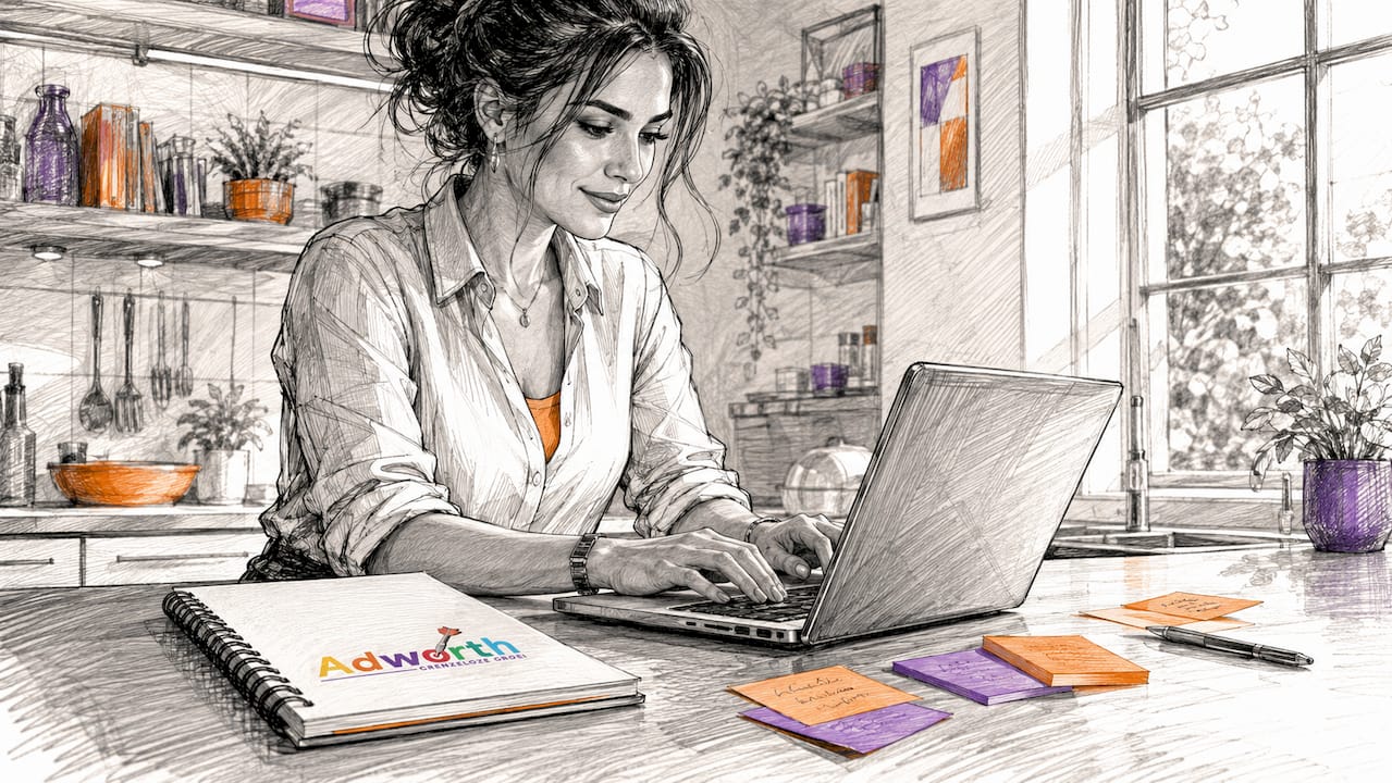 Een freelancer werkt aan een nieuwe website vanuit zijn thuiskantoor, achter het bureau met laptop en kop koffie.