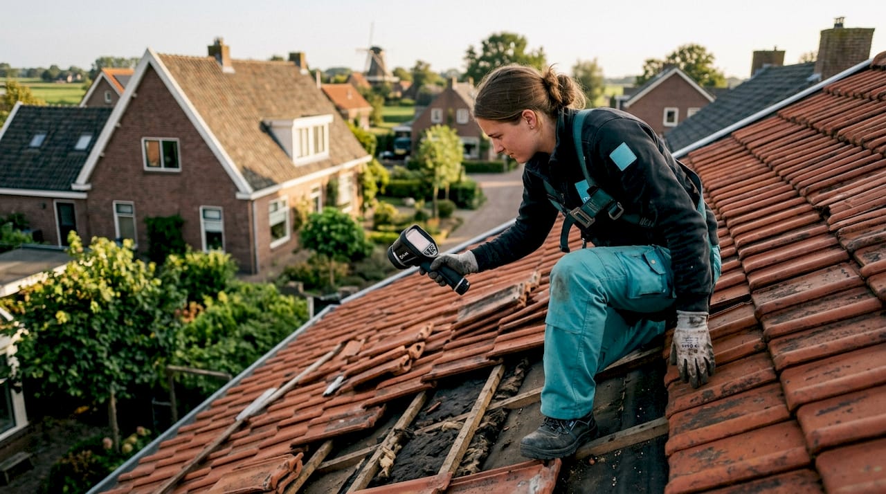 Een dakdekker inspecteert de isolatie van een plat dak met behulp van een warmtecamera.