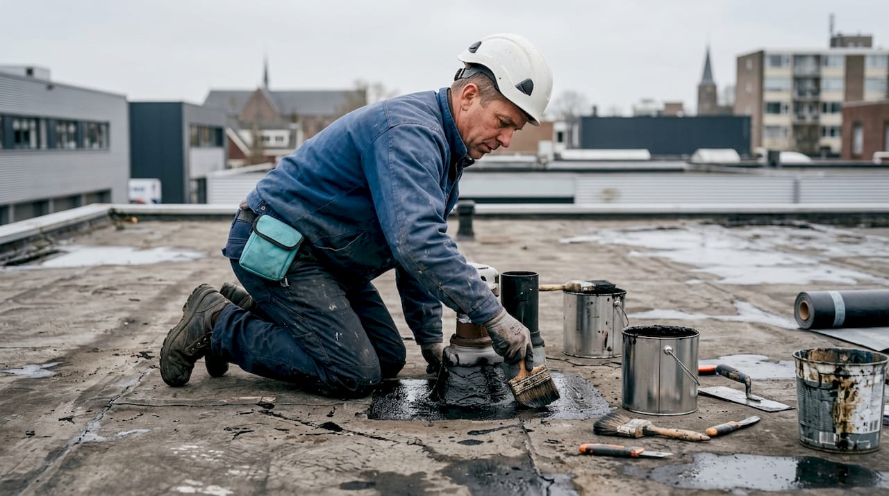 Een dakdekker brengt een afdichtingslaag aan op een plat dak.