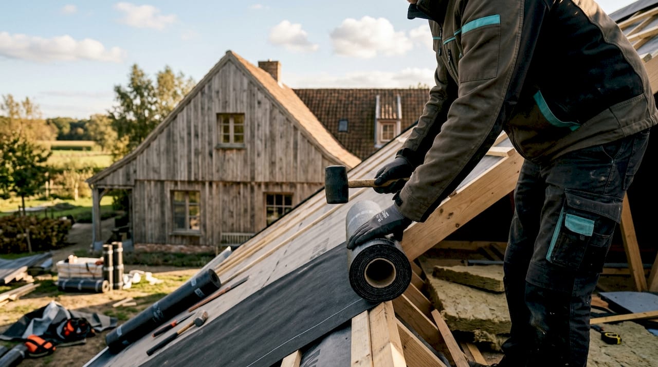 Een dakdekker voert reparaties uit aan een bitumen dak.