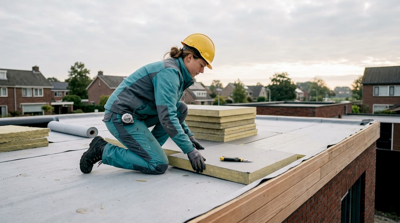 Een dakdekker brengt nieuwe isolatie aan op het platte dak van een woning.
