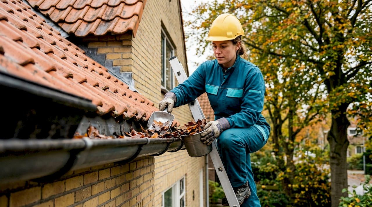 Een dakdekker is bezig de dakgoten schoon te maken bij een huis met bakstenen muren.