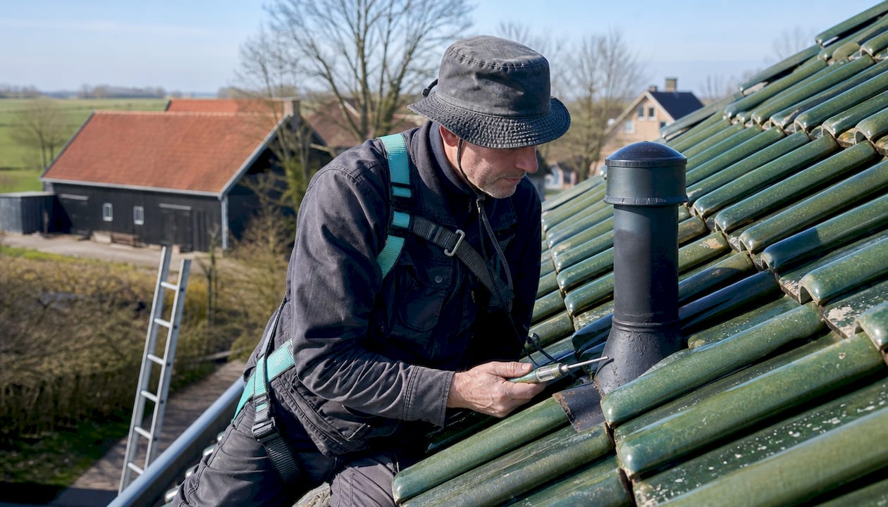 Een dakdekker controleert de staat van de dakpannen op een hellend dak.