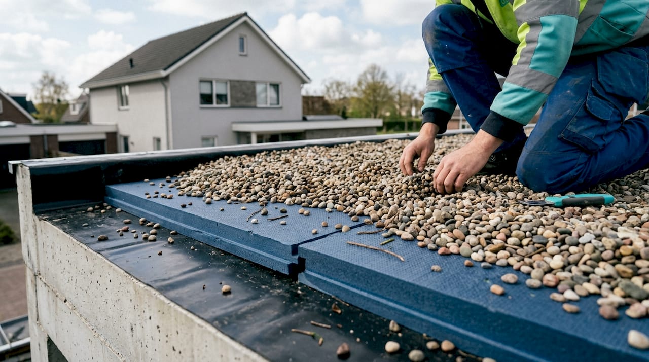 Detailopname van de verschillende lagen van een omgekeerd dak