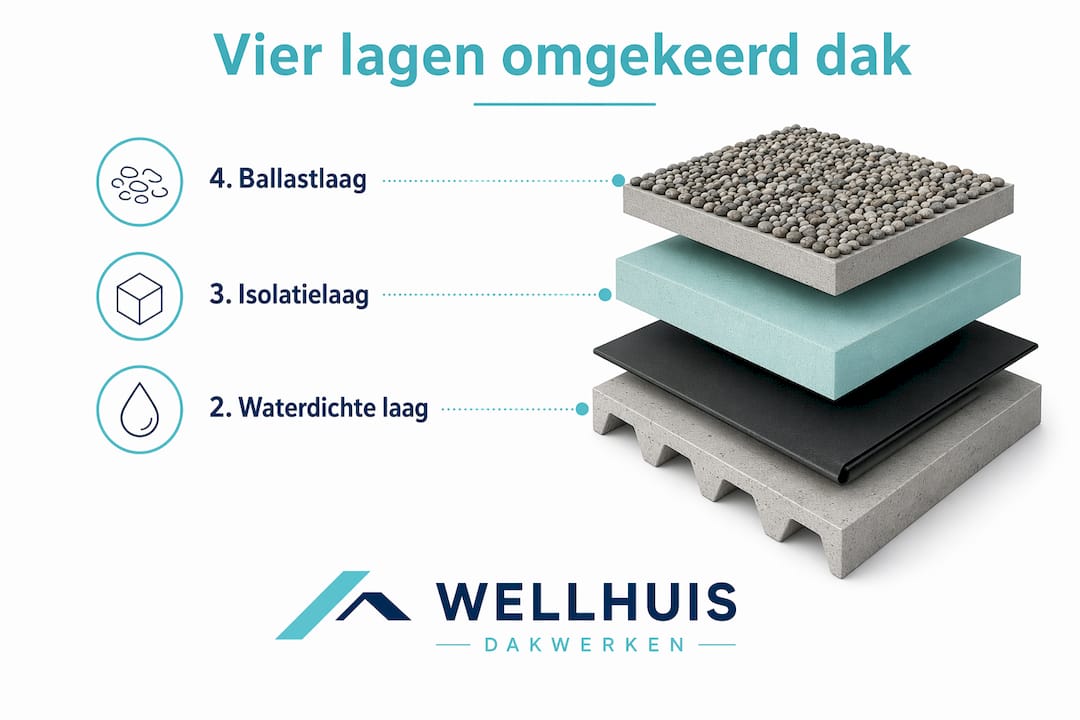 Infographic met de vier opbouwlagen van een omgekeerd dak