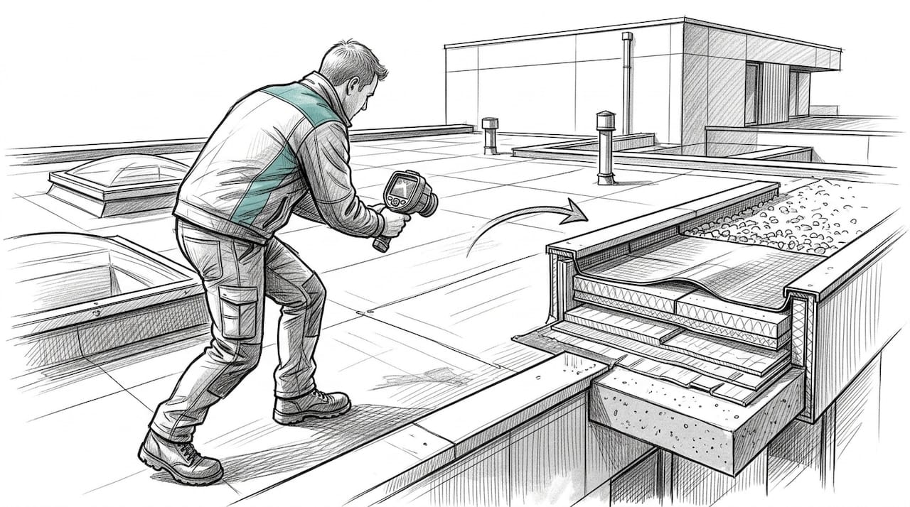 Een dakdekker voert een thermografische inspectie uit op een plat dak.