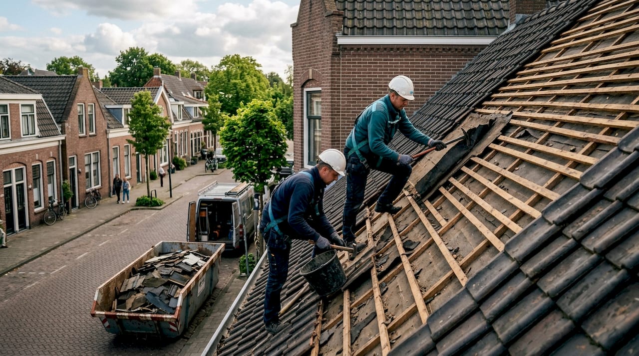Het oude dakleer van het platte dak wordt door de dakdekkers vakkundig verwijderd.