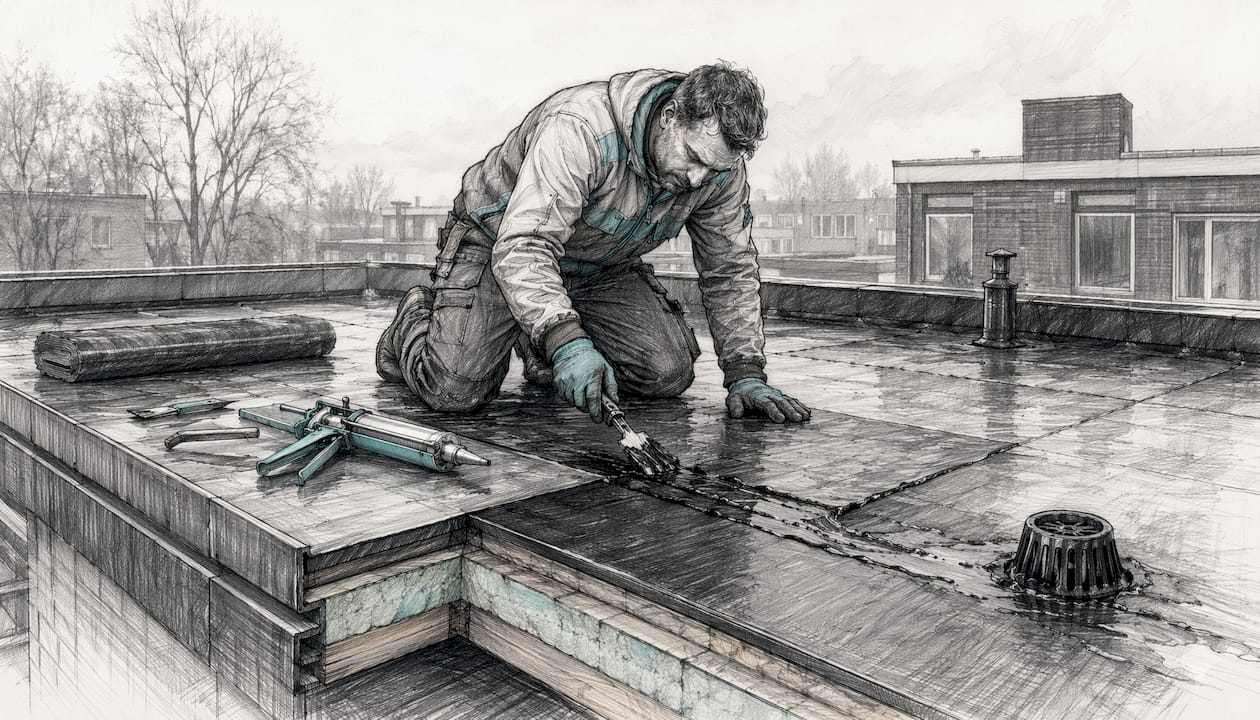Architectonische schets voor herstel van lekkage aan een plat dak