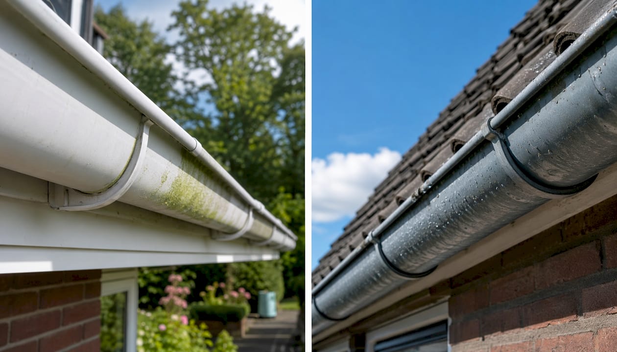 Detailopname van een PVC en een zinken dakgoot die direct naast elkaar liggen.