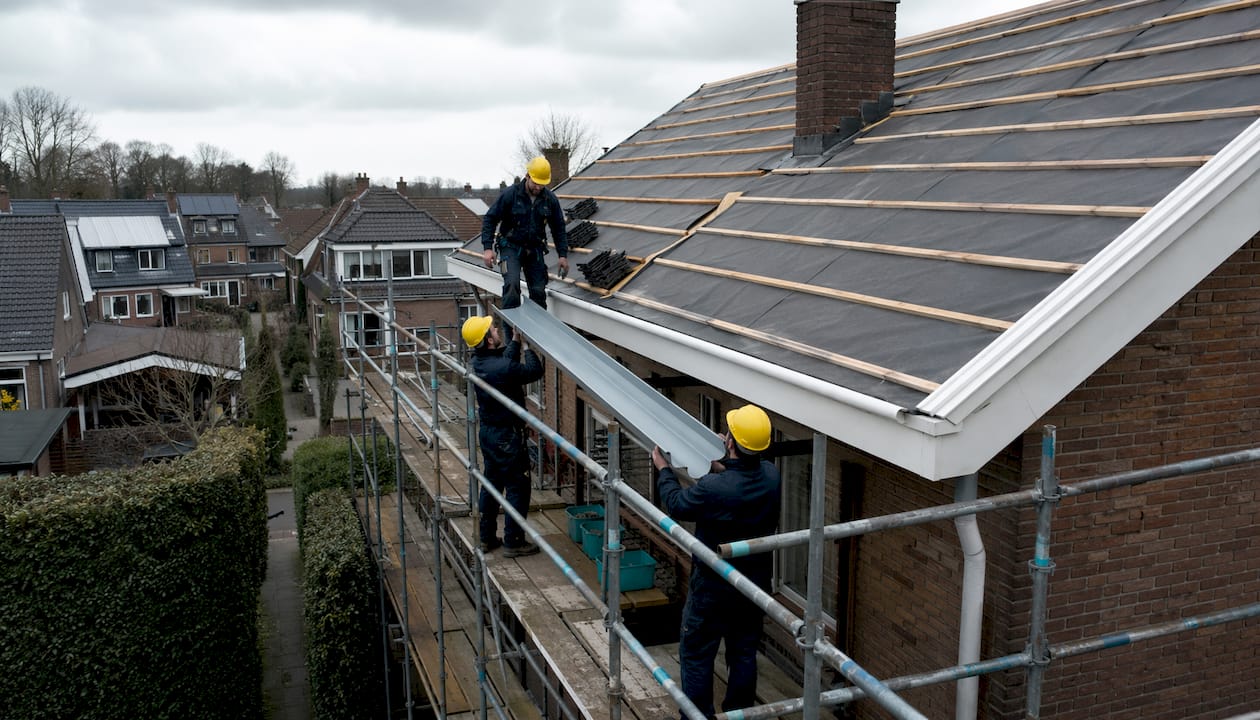 Steiger opgebouwd voor dakdekkers en materiaal bij het vervangen van de dakgoot