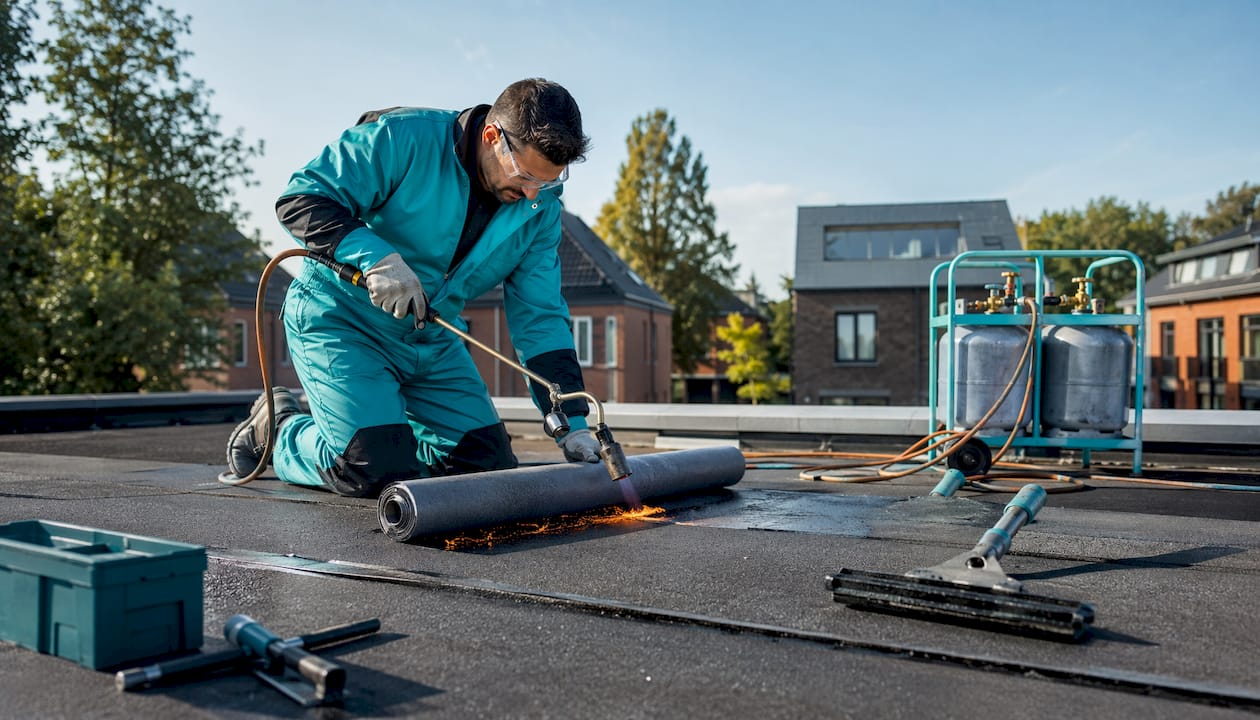 Een dakdekker legt een nieuwe laag bitumen op het dak.