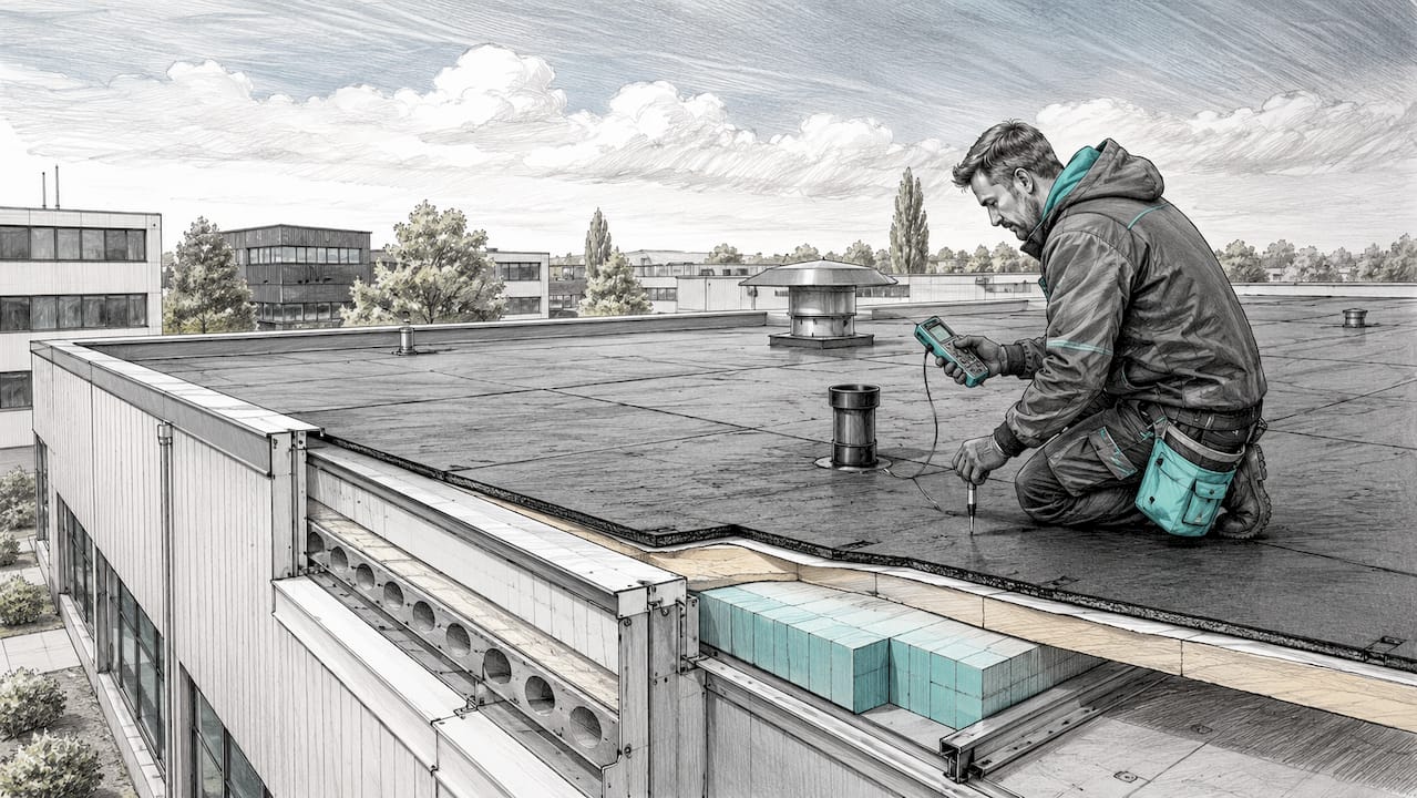 Schematische tekening van een dakdekker die de isolatie en de staat van het dak inspecteert