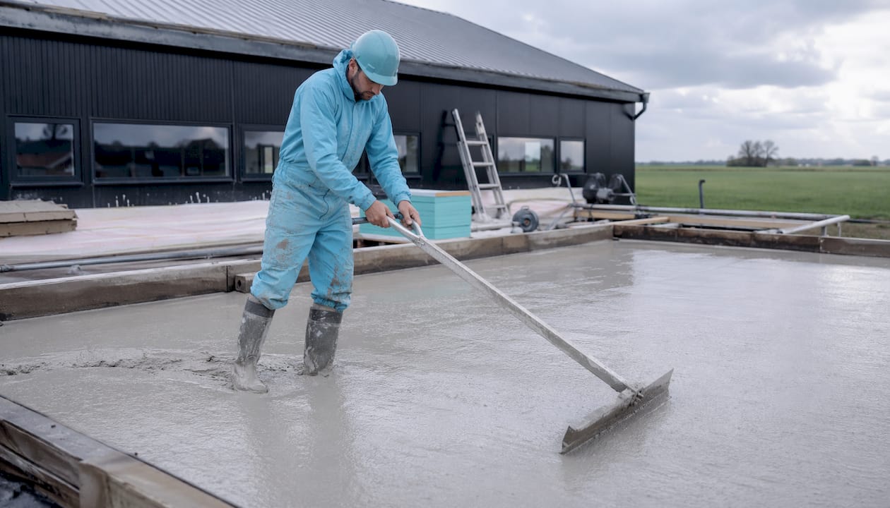 Een ervaren vakman legt een schuimbeton afschotlaag aan op het platte dak.